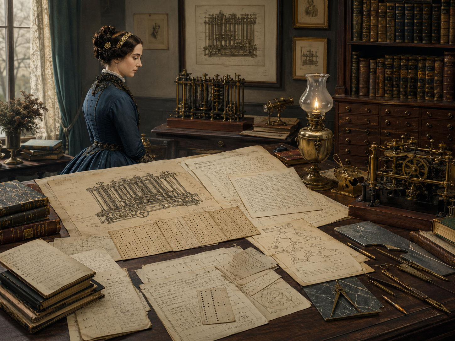 A restrained scholarly illustration of a Victorian study with Ada Lovelace, analytical engine diagrams, punched cards, mechanical computing devices, manuscripts, books, lamps, and drafting tools representing early programming and the imagination of computation.