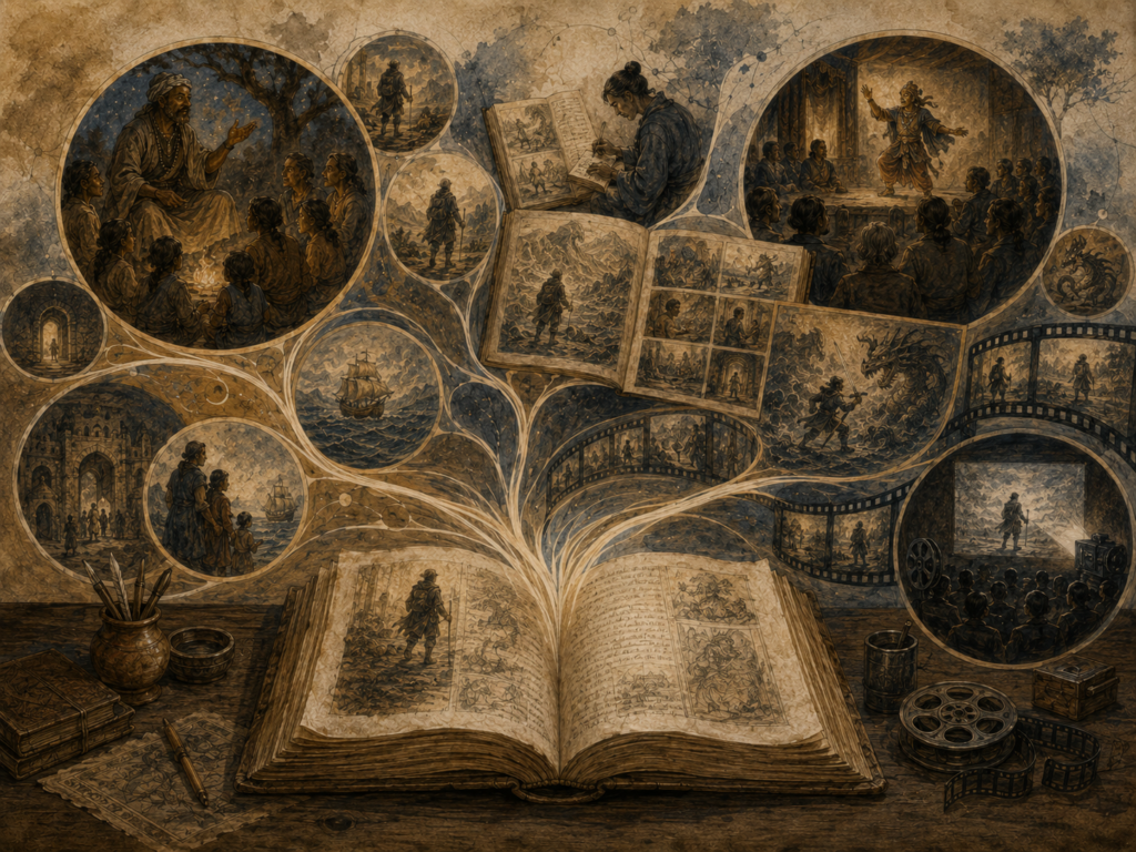 Editorial illustration of an open manuscript branching into oral storytelling, writing, theatre, illustrated panels, film, and audience scenes.