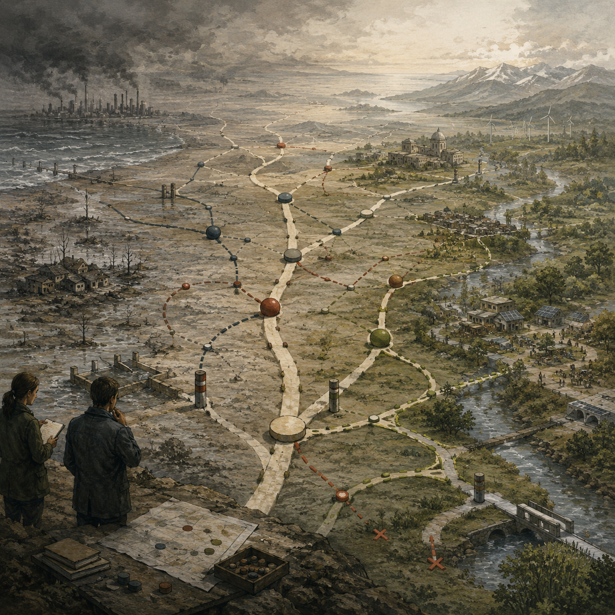 Painterly editorial illustration of adaptive decision pathways with analysts studying branching routes, decision nodes, uncertain landscapes, failed paths, ecological recovery, infrastructure stress, and staged adaptation.