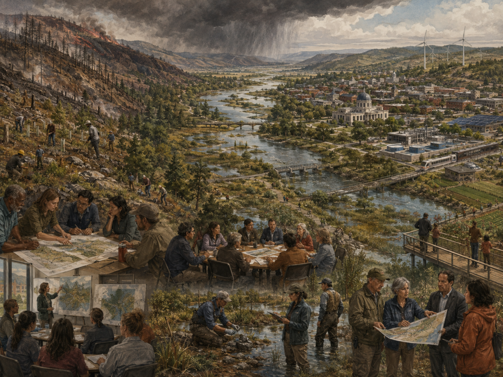 Panoramic illustration of community members, public officials, planners, restoration workers, and field teams coordinating landscape recovery across a river valley affected by wildfire, storm risk, infrastructure pressure, and ecological change.