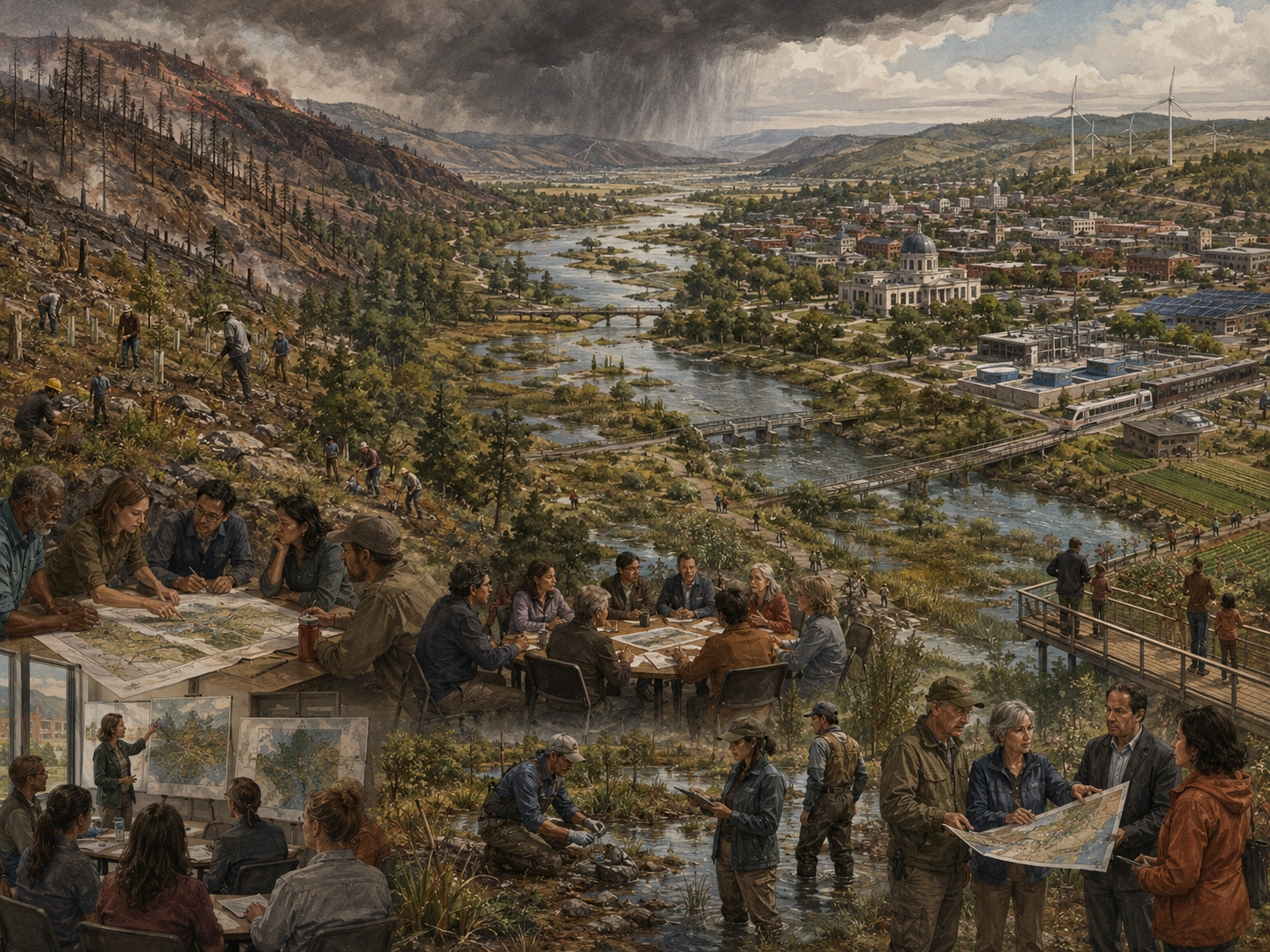 Panoramic illustration of community members, public officials, planners, restoration workers, and field teams coordinating landscape recovery across a river valley affected by wildfire, storm risk, infrastructure pressure, and ecological change.