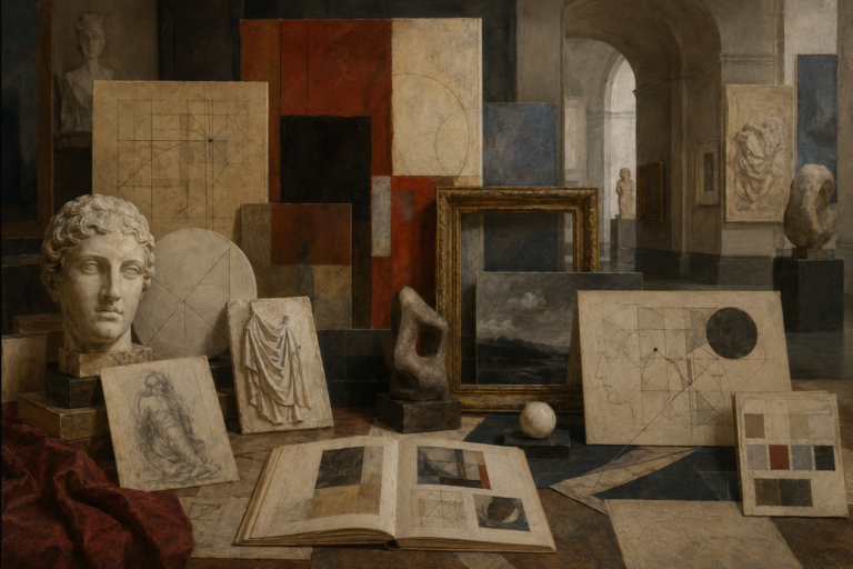 Scholarly illustration of a museum-like study space with abstract paintings, classical sculpture fragments, symbolic frames, sketch studies, geometric diagrams, and muted color studies representing beauty, judgment, form, expression, and interpretation.