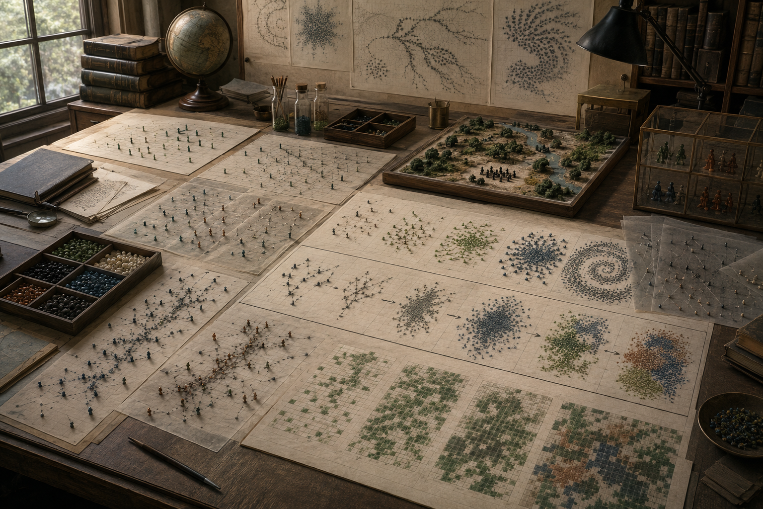 Editorial illustration of a scholarly simulation workspace with miniature agents, gridded interaction maps, clustered patterns, landscape models, and emergent collective formations.
