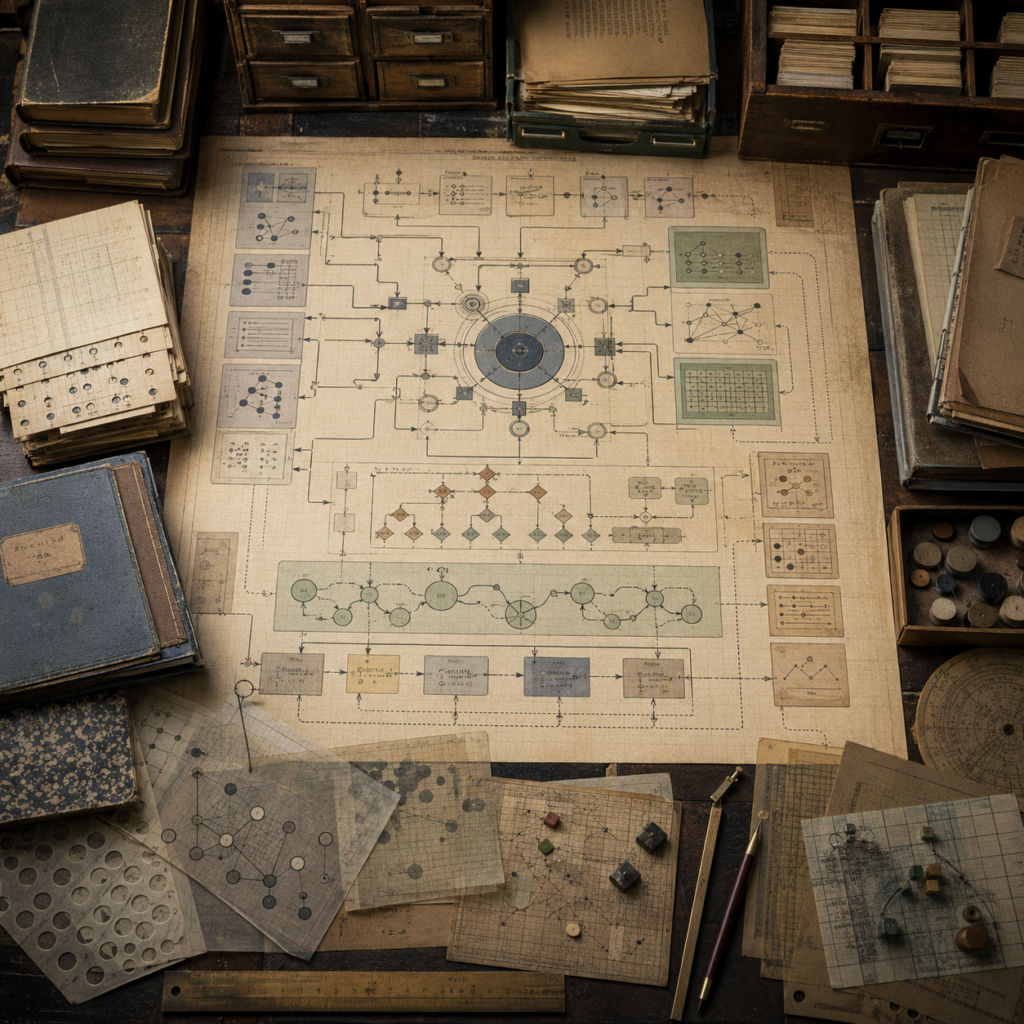 A restrained scholarly illustration of a vintage research workbench with agent-like workflow diagrams, tool-use pathways, procedural loops, decision nodes, notebooks, archival papers, rulers, and symbolic tokens representing AI agents and procedural autonomy.