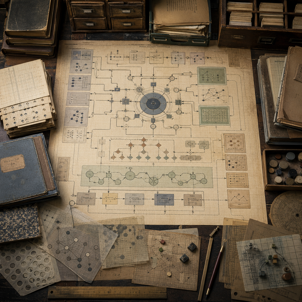 A restrained scholarly illustration of a vintage research workbench with agent-like workflow diagrams, tool-use pathways, procedural loops, decision nodes, notebooks, archival papers, rulers, and symbolic tokens representing AI agents and procedural autonomy.