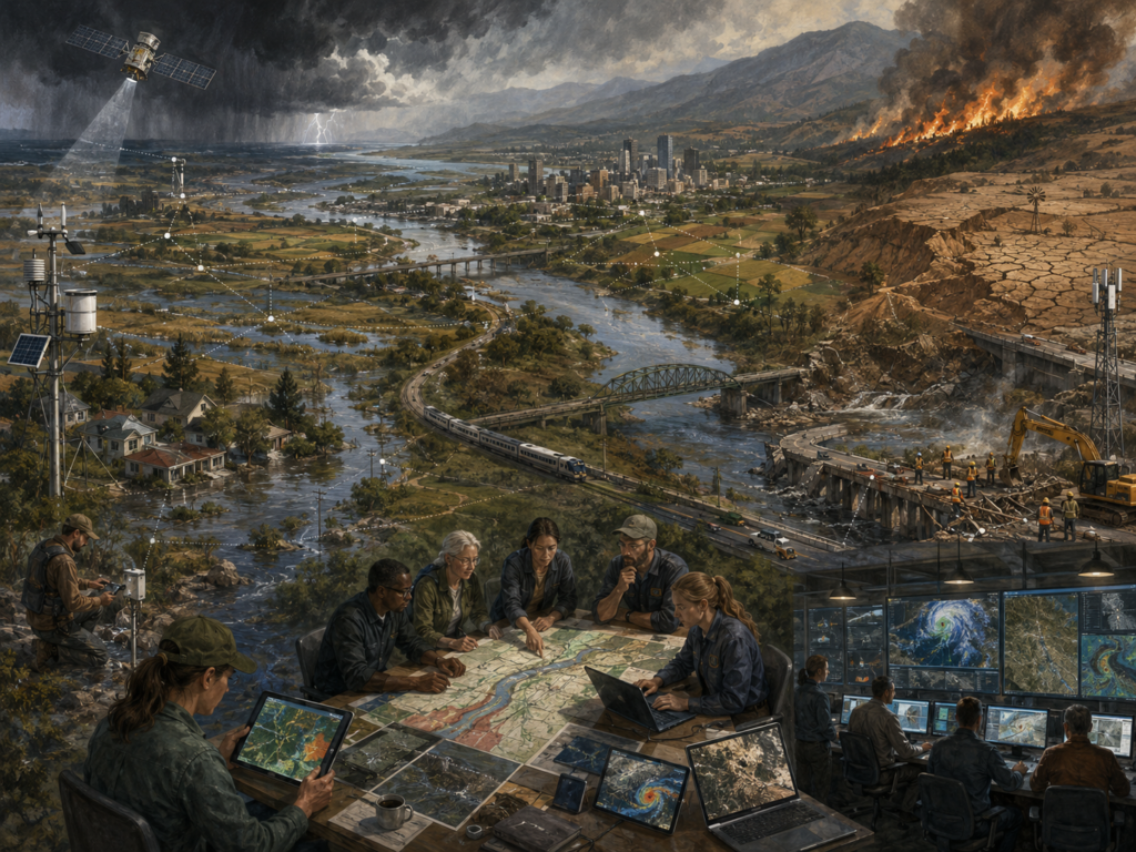 Panoramic illustration of AI-assisted resilience planning across a river valley with wetlands, farms, infrastructure, sensors, satellite monitoring, storm risk, wildfire, damaged bridges, and planners reviewing maps.