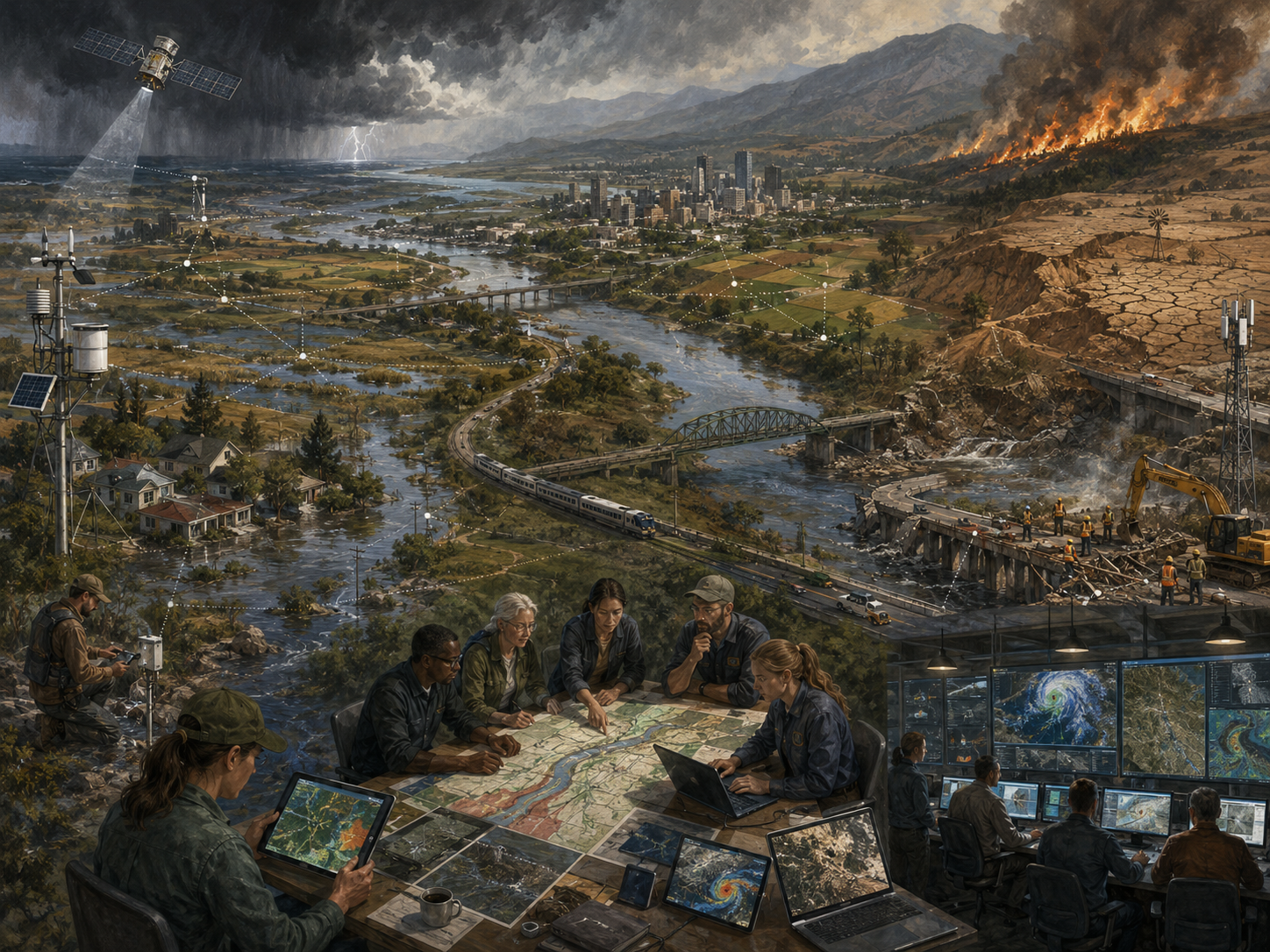 Panoramic illustration of AI-assisted resilience planning across a river valley with wetlands, farms, infrastructure, sensors, satellite monitoring, storm risk, wildfire, damaged bridges, and planners reviewing maps.