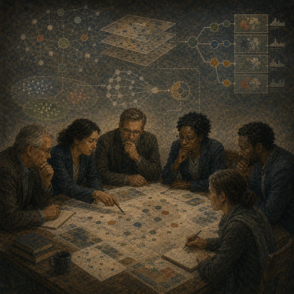 Painterly editorial illustration of AI-assisted decision support with human decision-makers studying maps, analytical networks, model outputs, evidence layers, and judgment pathways.