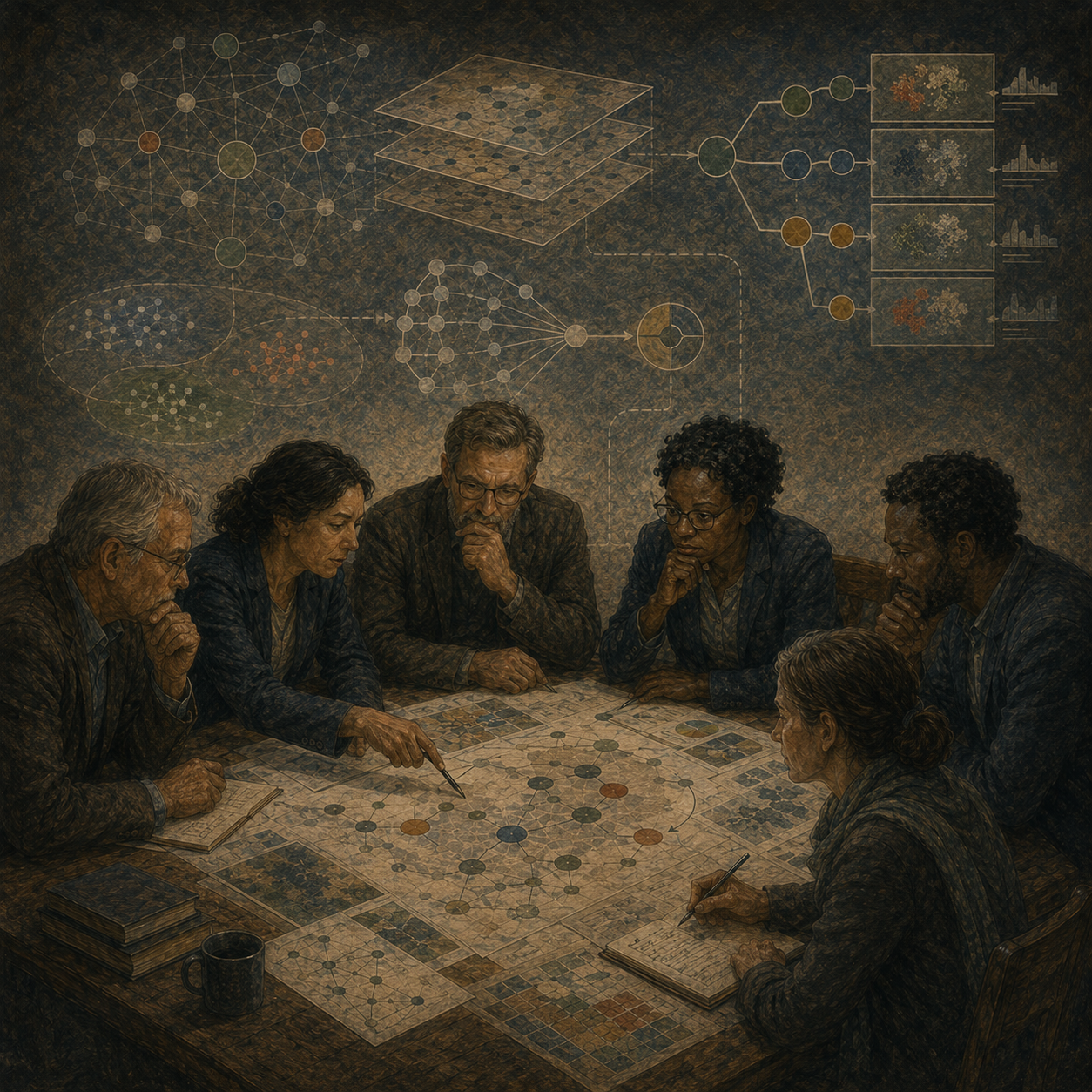 Painterly editorial illustration of AI-assisted decision support with human decision-makers studying maps, analytical networks, model outputs, evidence layers, and judgment pathways.