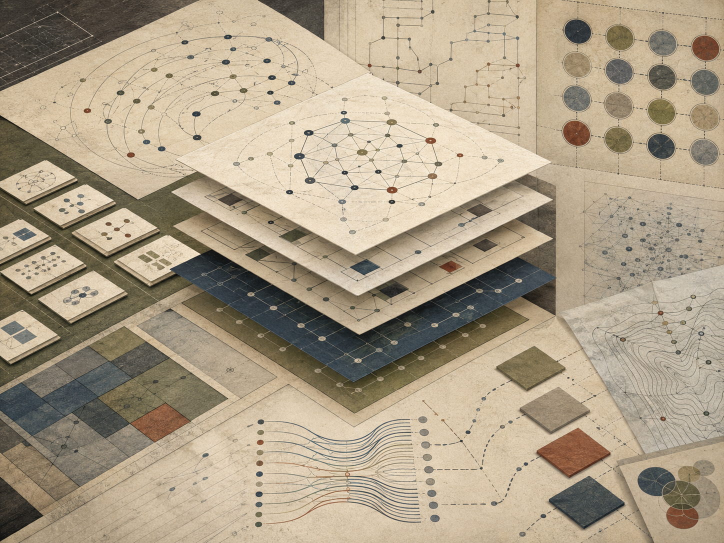 Abstract institutional illustration of layered framework diagrams, network maps, modular model cards, flow structures, and analytical panels representing AI-assisted framework design.