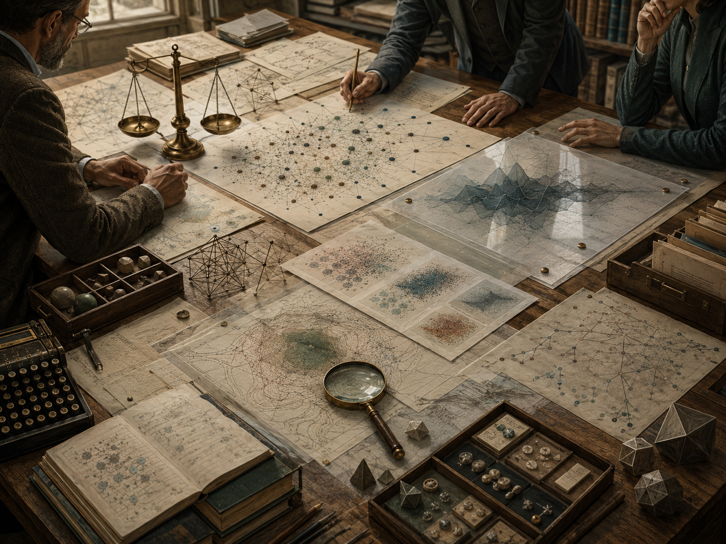 Editorial illustration of a scholarly collaborative workspace where people review model diagrams, uncertainty surfaces, network maps, and analytical materials with balance scales and research tools.