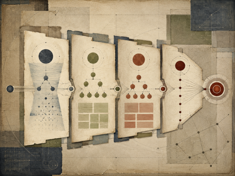 Abstract institutional illustration of four sequential framework panels, connected pathways, hierarchy diagrams, and a final target-like structure representing persuasive communication sequence.