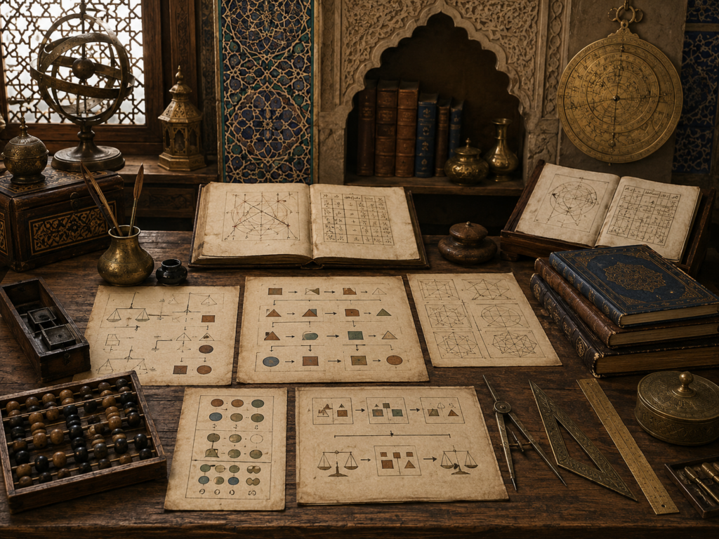 A restrained scholarly illustration of a medieval Islamic study filled with manuscripts, geometric diagrams, procedural pages, counting tools, brass instruments, and patterned architectural details representing algebra as rule-governed problem solving.