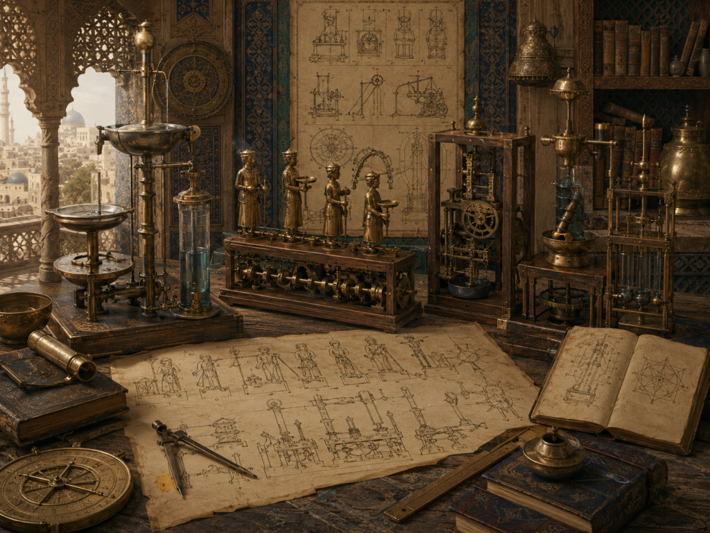 A restrained scholarly illustration of a medieval Islamic engineering workshop with automata, water-driven mechanisms, gears, brass instruments, manuscripts, mechanical diagrams, books, and patterned architectural details representing Al-Jazarī and sequenced mechanical action.