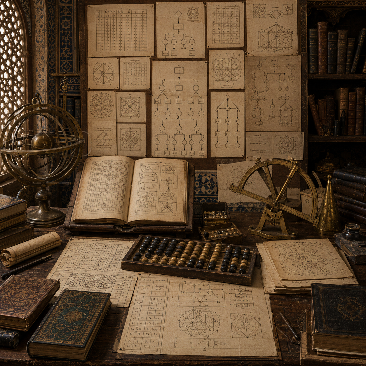 A restrained scholarly illustration of a medieval Islamic study with manuscripts, procedural diagrams, calculation tables, geometric constructions, astronomical instruments, books, and counting tools representing Al-Khwārizmī, algorism, and procedural reasoning.