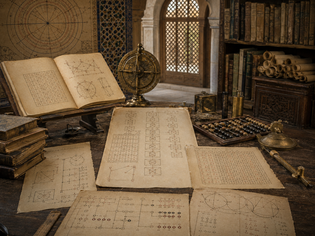 A restrained scholarly illustration of a medieval Islamic study with manuscripts, procedural diagrams, calculation tables, geometric constructions, an astrolabe-like instrument, books, and counting tools representing Al-Khwārizmī and the historical roots of algorithmic method.