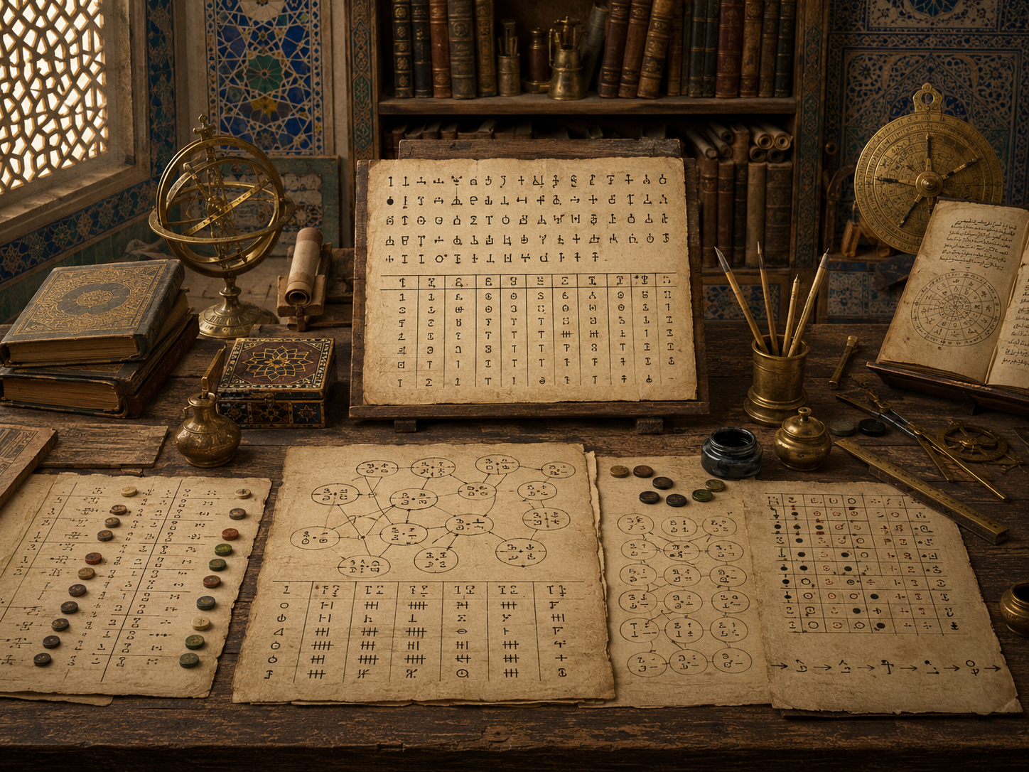 A restrained scholarly illustration of a medieval Islamic cryptography workspace with symbol tables, frequency charts, cipher-like manuscripts, analytical diagrams, astronomical instruments, books, and writing tools representing Al-Kindī and early cryptanalysis.