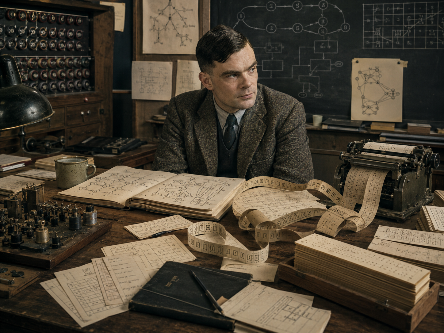A restrained scholarly illustration of Alan Turing in a mid-century research workspace with machine-tape diagrams, computation tables, mechanical devices, chalkboard flow structures, notebooks, and papers representing the machine model of reasoning.