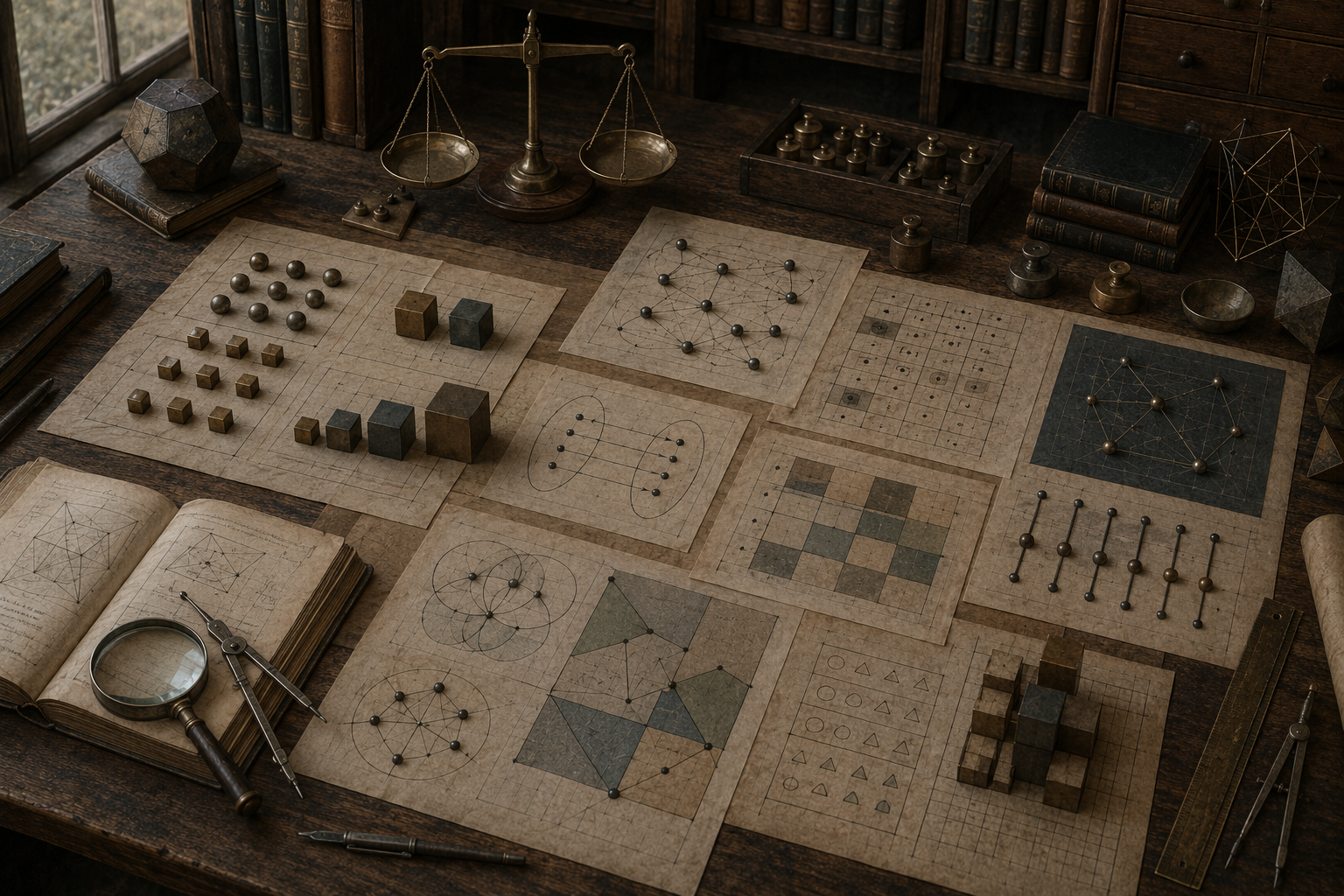 Editorial illustration of a scholarly mathematical workspace with balance scales, geometric solids, grids, matrices, correspondence diagrams, and static relational structures.