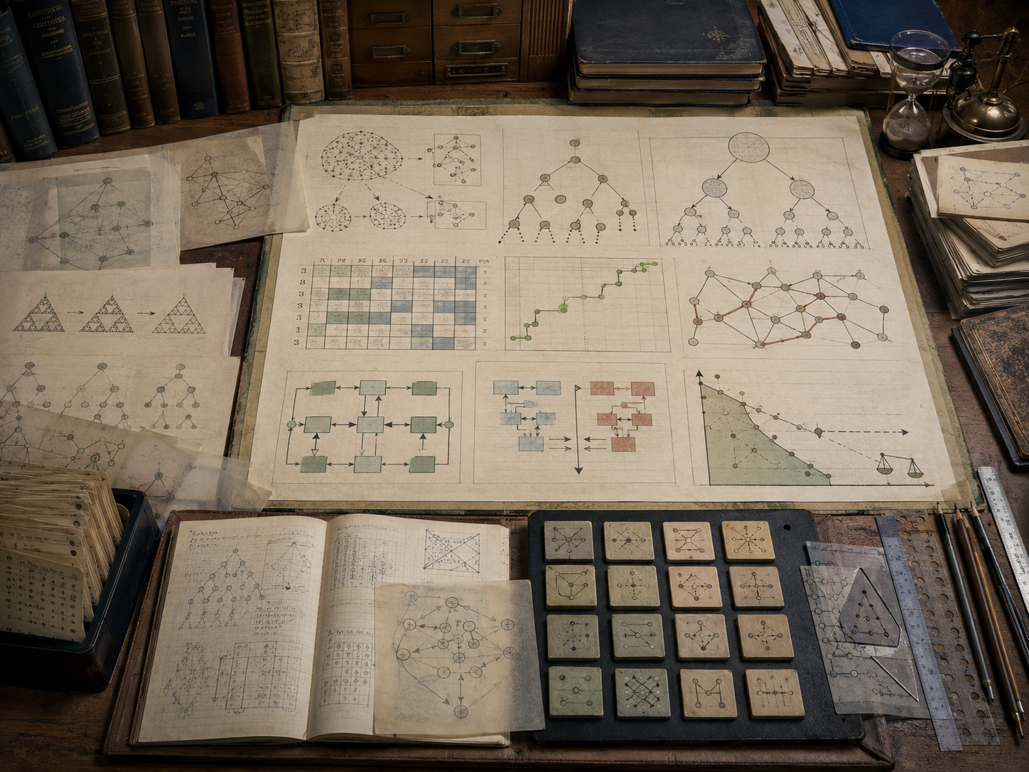 A restrained scholarly illustration of a vintage research workspace with diagrams of trees, graphs, grids, pathways, optimization curves, modular blocks, notebooks, archival papers, and drafting tools representing algorithm design principles.