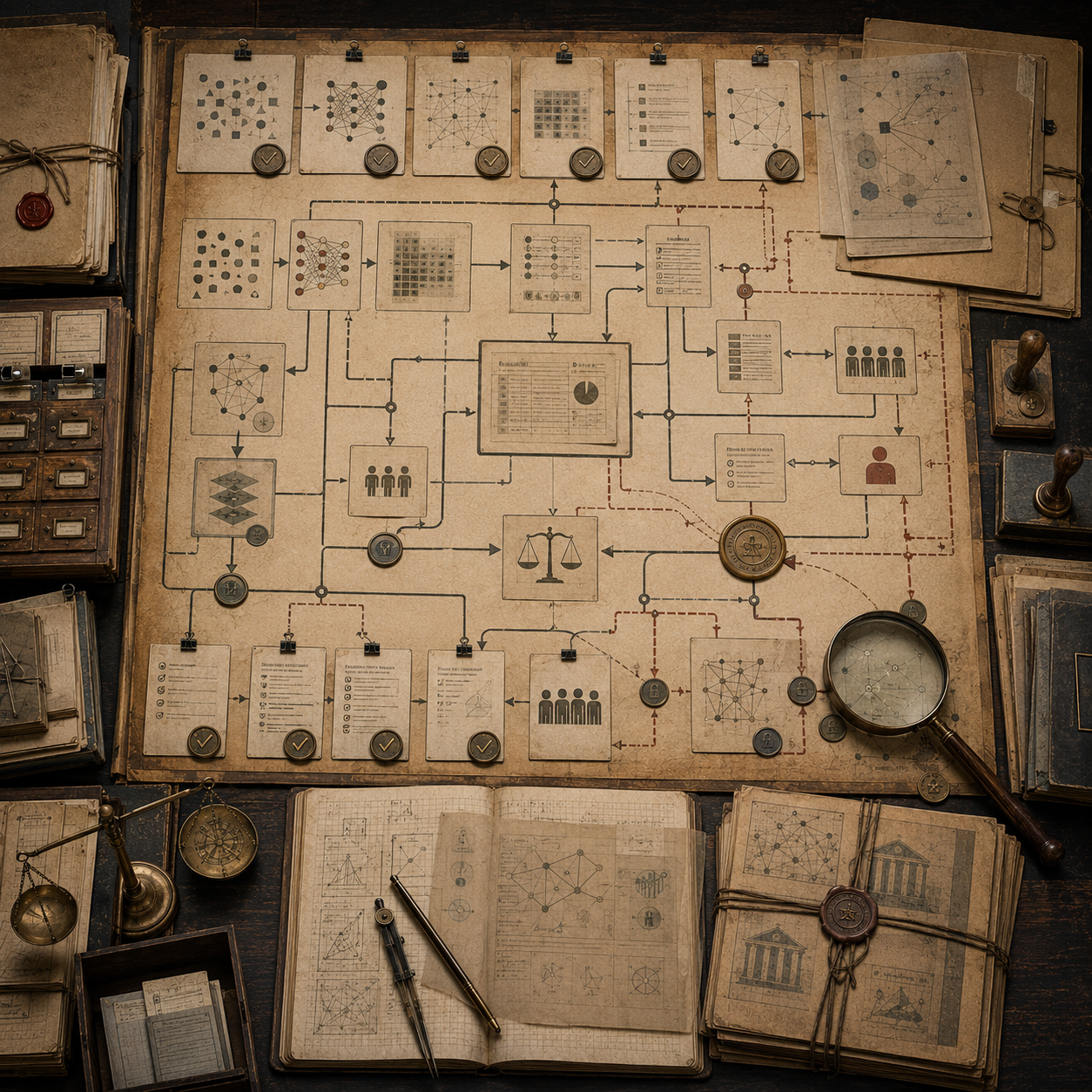 A restrained scholarly illustration of a vintage analytical desk with decision records, audit pathways, verification checkpoints, governance seals, balance scale, archival folders, notebooks, rulers, and magnifying glass representing algorithmic accountability and audit trails.