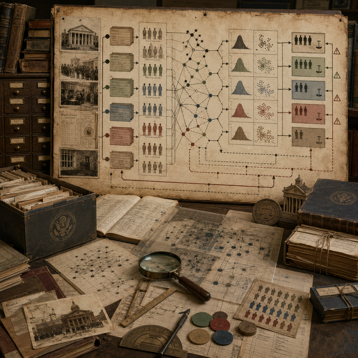 A restrained scholarly illustration of an archival research workspace with historical records, institutional files, population panels, data pathways, bias indicators, outcome diagrams, governance symbols, notebooks, and analytical tools representing algorithmic bias and institutional history.