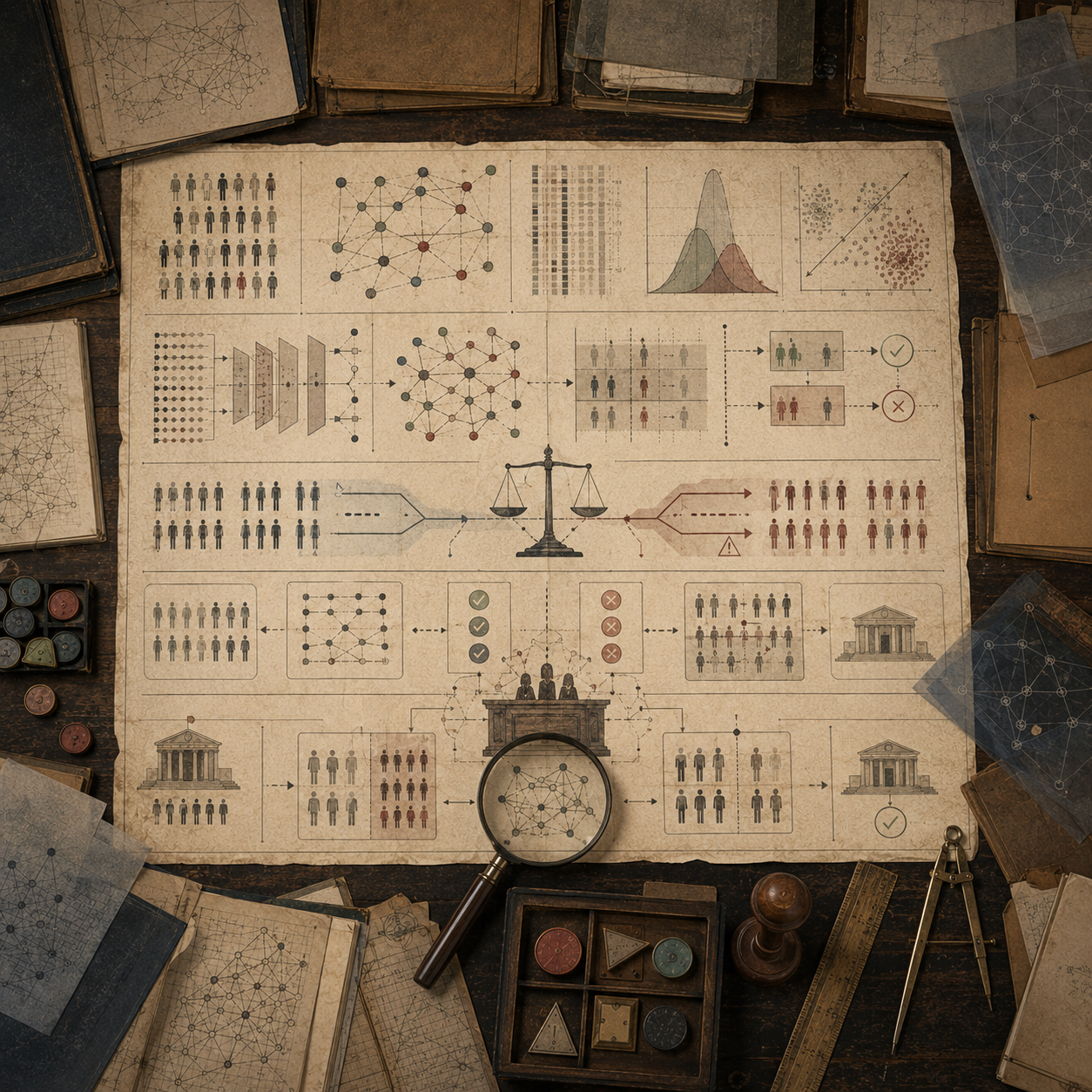A restrained scholarly illustration of a vintage analytical desk with fairness diagrams, population panels, decision pathways, balance scale, statistical plots, governance records, notebooks, rulers, and symbolic tokens representing algorithmic fairness and computational justice.