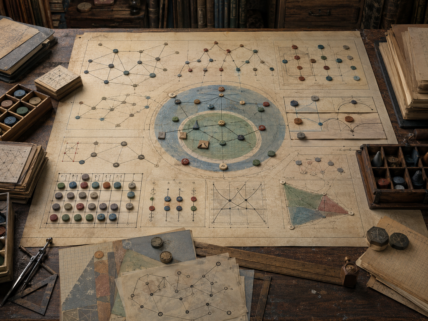 Scholarly editorial illustration of algorithmic game theory and strategic behavior, showing payoff matrices, strategic agents, incentive diagrams, auction structures, mechanism design sketches, network games, equilibrium paths, manipulation routes, sensitivity sheets, audit records, and governance review materials.