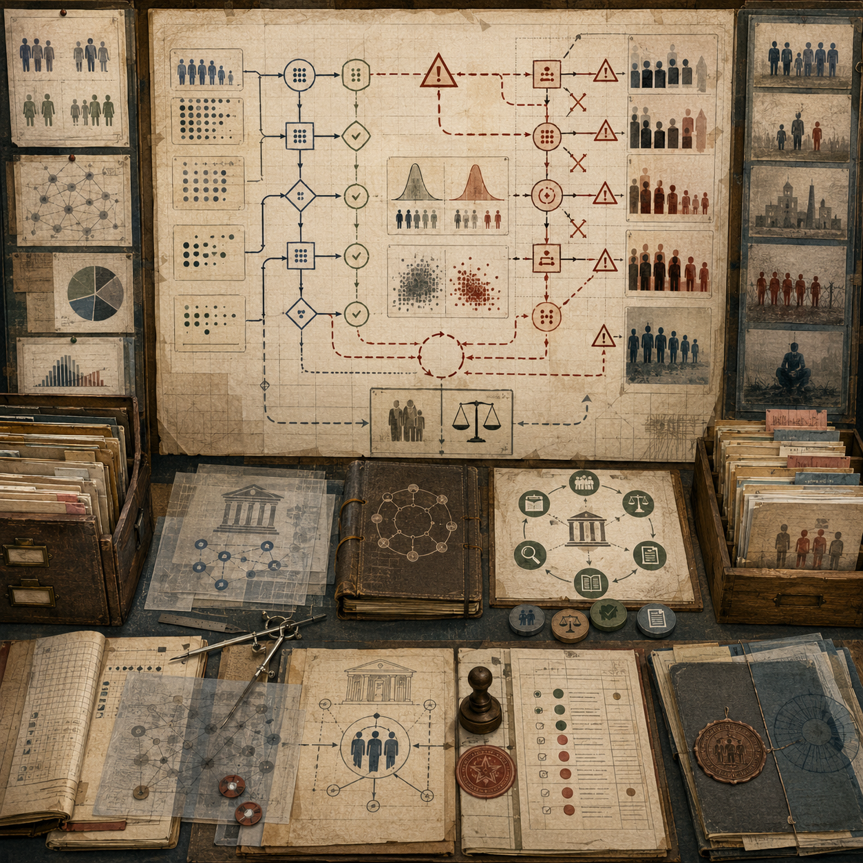 A restrained scholarly illustration of an institutional research workspace with algorithmic decision flows, warning markers, biased outcome panels, social impact diagrams, governance records, archival folders, notebooks, and symbolic tools representing algorithmic harm and institutional responsibility.