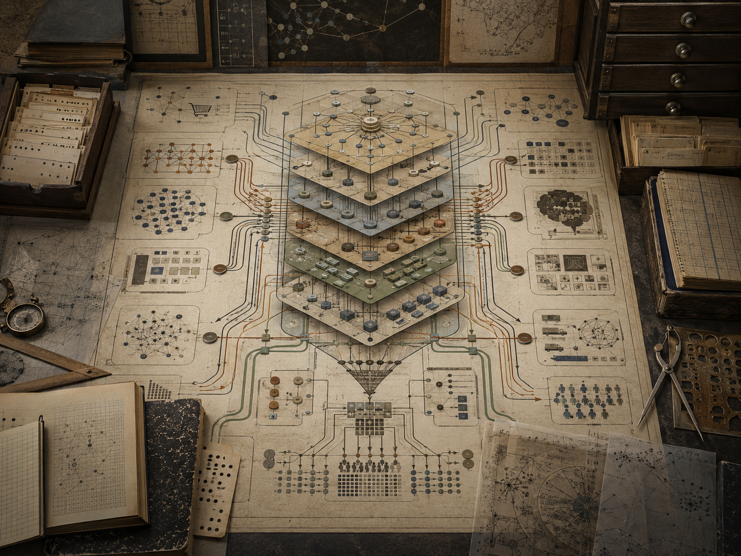 A restrained scholarly illustration of an old research desk with layered platform architecture, networked pathways, data flows, modular systems, archival records, and governance-like diagrams representing algorithmic infrastructure and platform power.