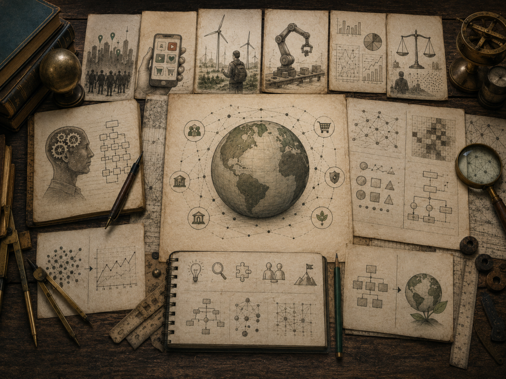 A restrained scholarly illustration of a vintage research desk with a globe, network diagrams, symbolic charts, civic and environmental motifs, notebooks, rulers, and archival papers representing algorithmic literacy in modern society.