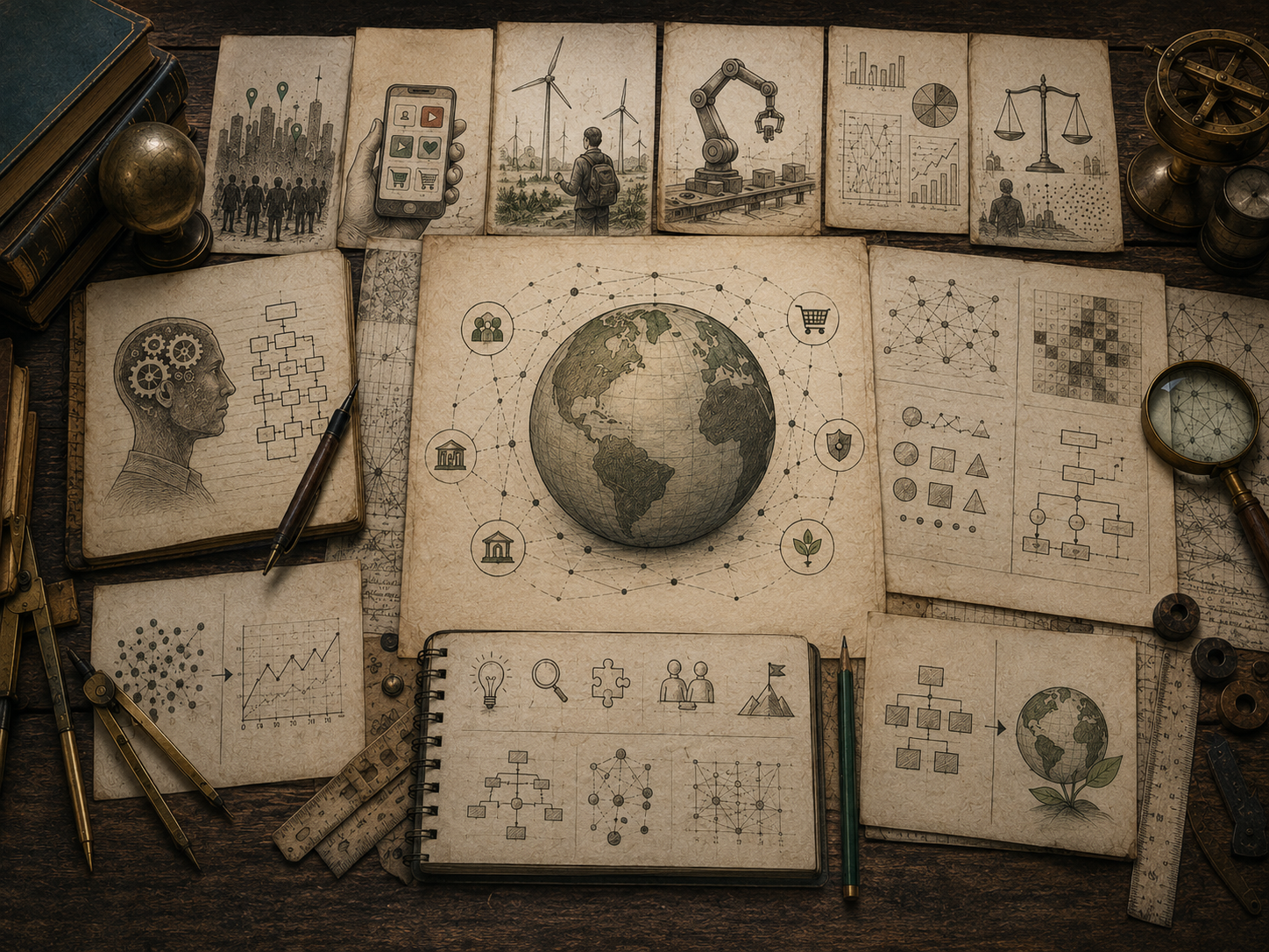 A restrained scholarly illustration of a vintage research desk with a globe, network diagrams, symbolic charts, civic and environmental motifs, notebooks, rulers, and archival papers representing algorithmic literacy in modern society.