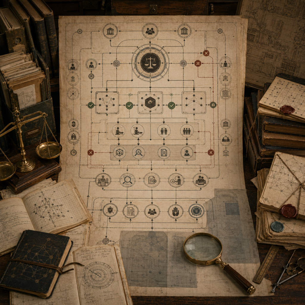 A restrained scholarly illustration of a vintage governance workspace with AI risk-management pathways, oversight checkpoints, institutional symbols, warning markers, audit routes, archival records, notebooks, balance scale, and magnifying glass representing algorithmic risk management and AI governance.