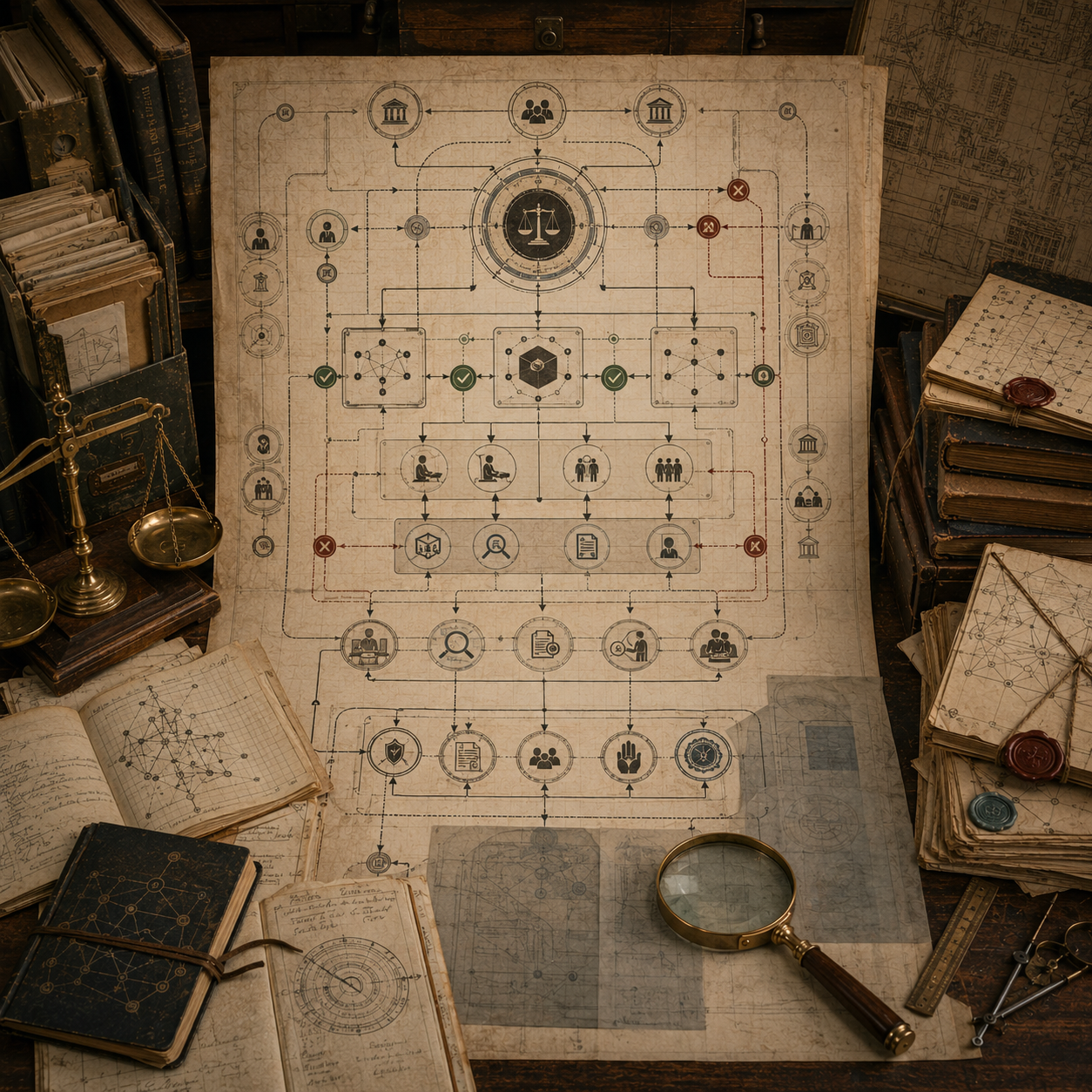 A restrained scholarly illustration of a vintage governance workspace with AI risk-management pathways, oversight checkpoints, institutional symbols, warning markers, audit routes, archival records, notebooks, balance scale, and magnifying glass representing algorithmic risk management and AI governance.