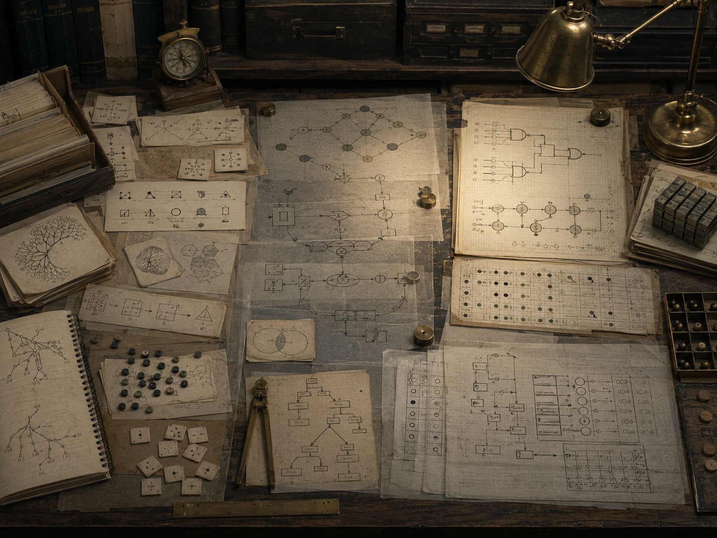 A restrained scholarly illustration of an archival research table covered with logic diagrams, flowcharts, graph structures, tokens, notes, and computational sketches contrasting algorithmic thinking with computational reasoning.