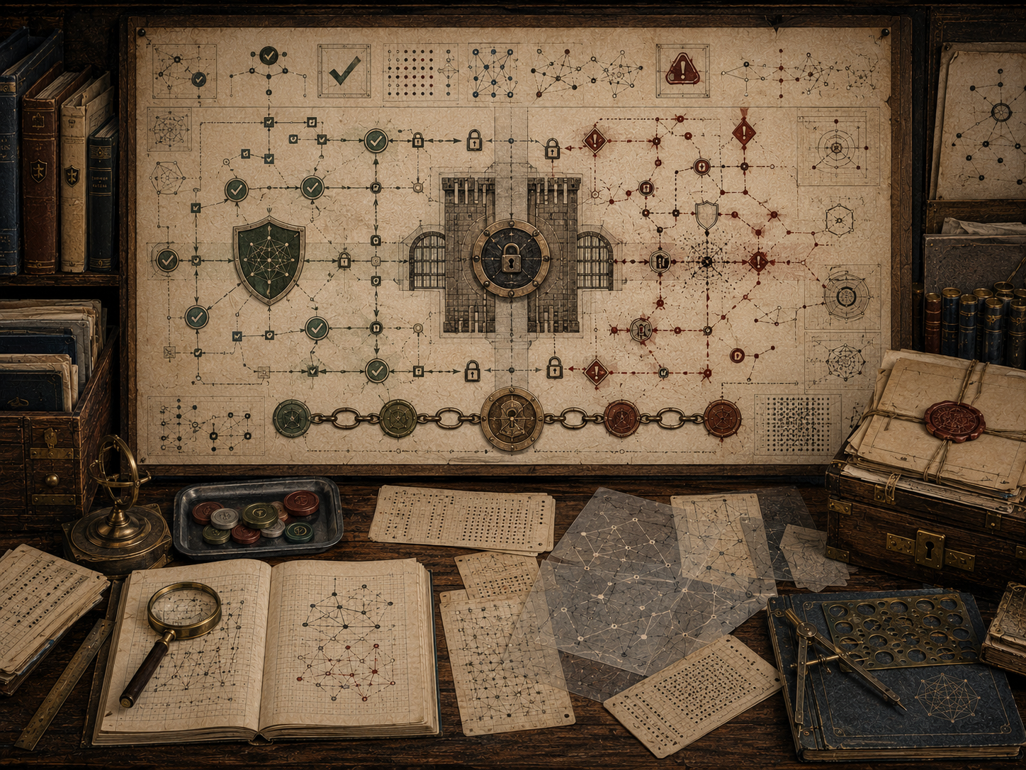 Scholarly editorial illustration of algorithmic trust, verification, and security, showing evidence records, verification diagrams, validation tests, security controls, audit trails, signed manifests, monitoring logs, assurance files, and governance review materials.