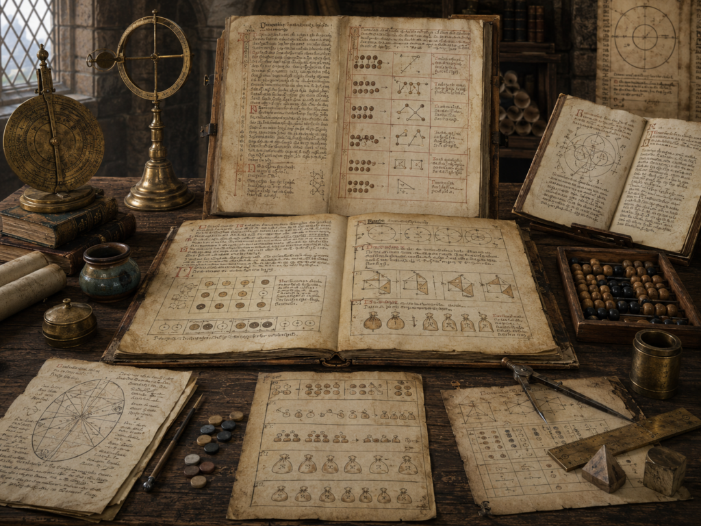 A restrained scholarly illustration of a medieval study with open manuscripts, verbal procedure pages, counting tokens, geometric diagrams, astronomical instruments, abacus-like tools, rulers, and parchment records representing algorithms before symbolic notation.