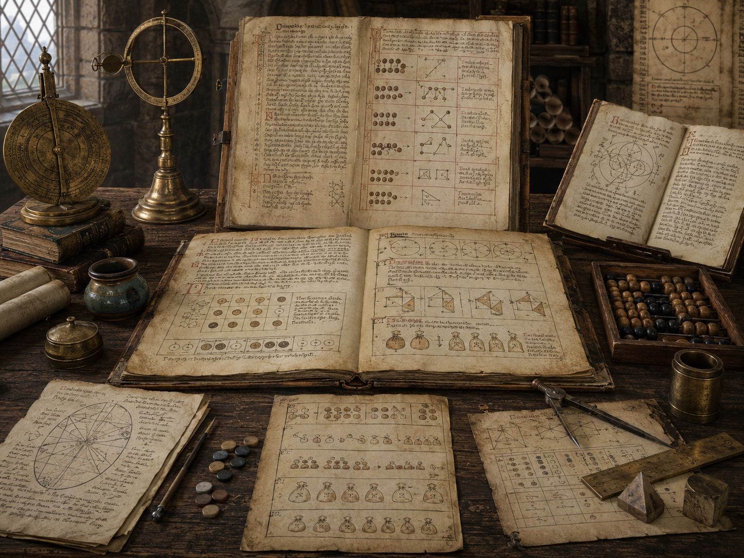 A restrained scholarly illustration of a medieval study with open manuscripts, verbal procedure pages, counting tokens, geometric diagrams, astronomical instruments, abacus-like tools, rulers, and parchment records representing algorithms before symbolic notation.