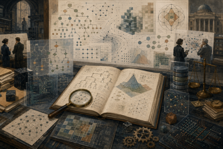 Scholarly editorial illustration showing algorithms and computational reasoning as a layered research workspace with branching diagrams, networks, data grids, optimization surfaces, abstract computational forms, audit materials, and institutional review.