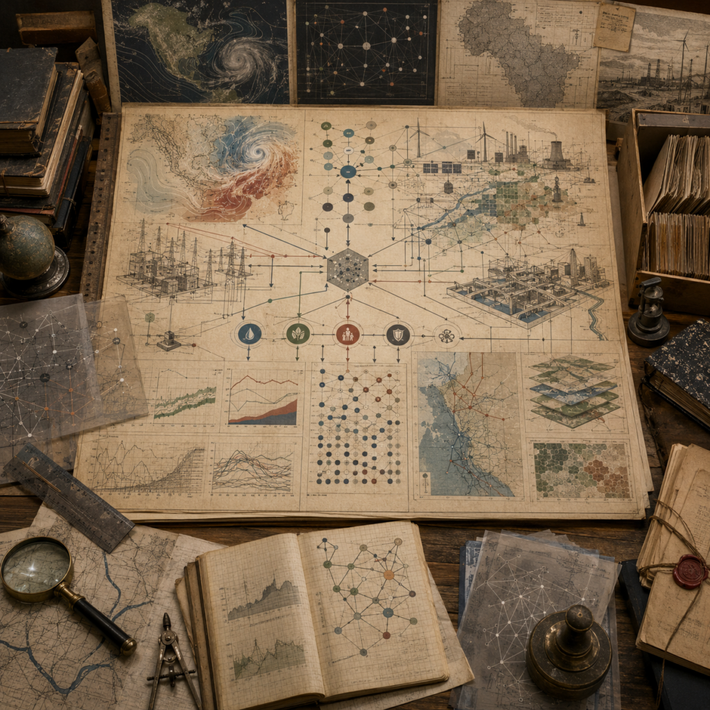 A restrained scholarly illustration of a climate and infrastructure research workspace with energy grids, climate maps, infrastructure networks, weather systems, resource flows, archival papers, notebooks, and analytical tools representing algorithms in climate, energy, and infrastructure.