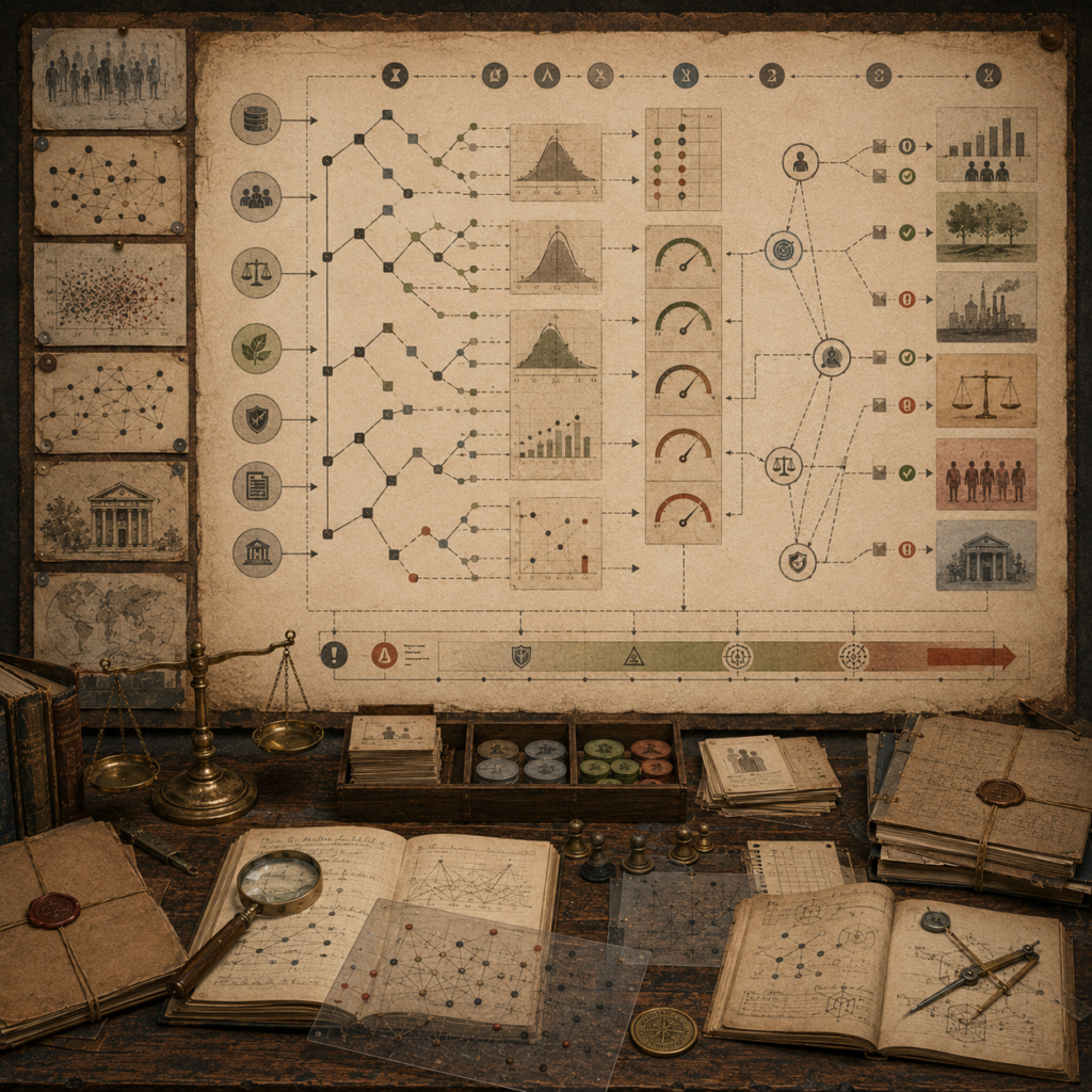 A restrained scholarly illustration of a vintage decision-science workspace with branching decision trees, probability distributions, risk gauges, policy outcome panels, balance scale, notebooks, archival records, and analytical tools representing algorithms in decision science.