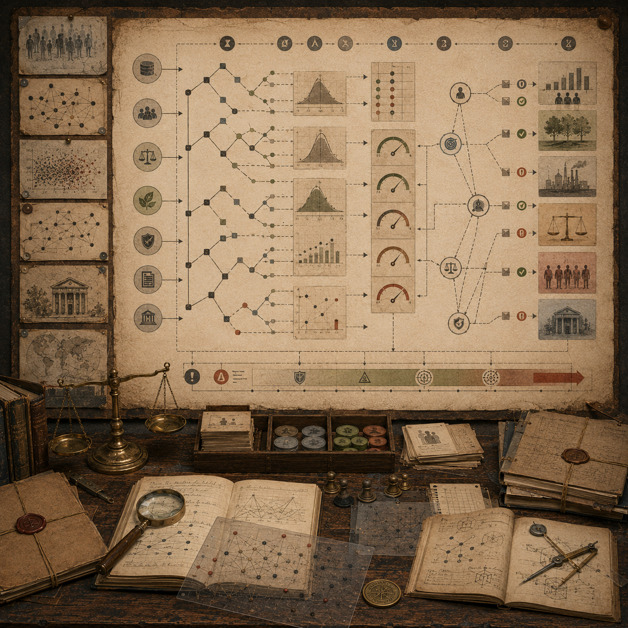 A restrained scholarly illustration of a vintage decision-science workspace with branching decision trees, probability distributions, risk gauges, policy outcome panels, balance scale, notebooks, archival records, and analytical tools representing algorithms in decision science.