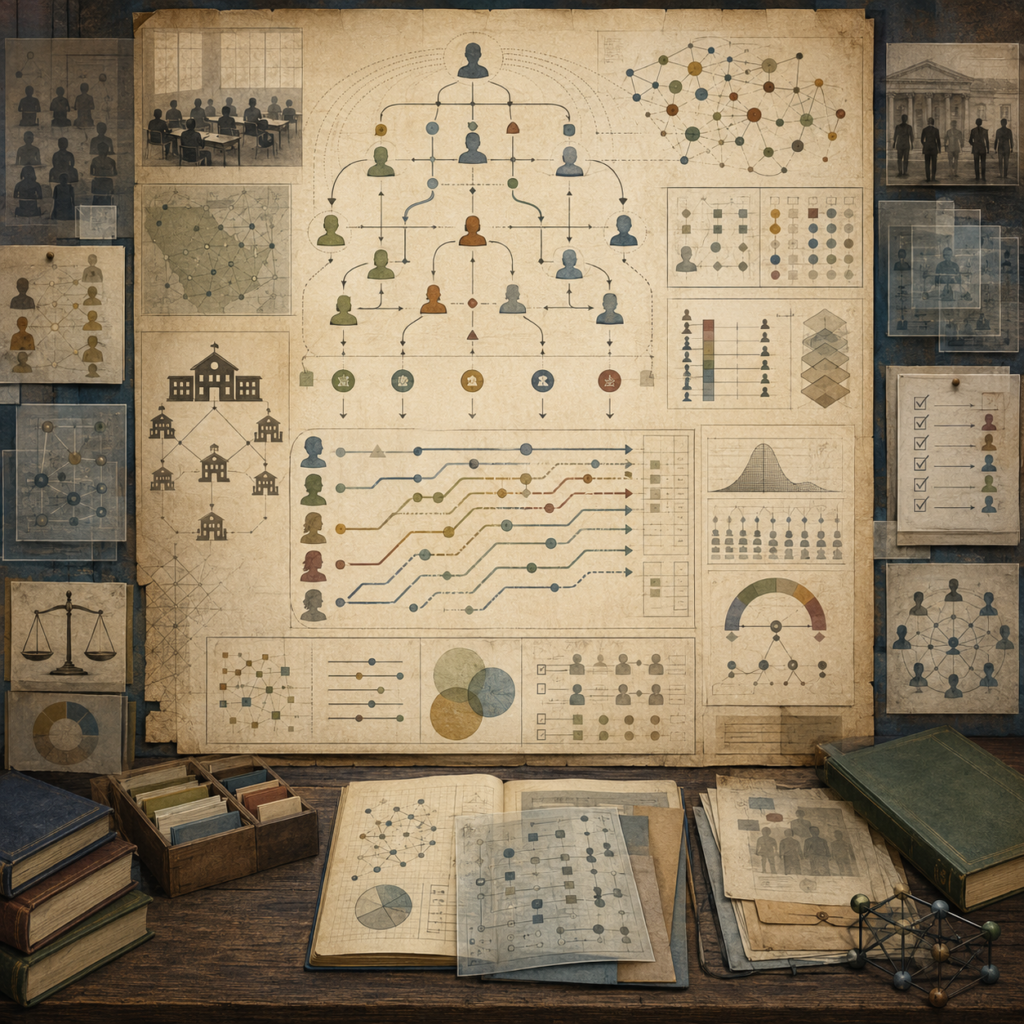 A restrained scholarly illustration of an education research workspace with learner pathways, classroom panels, institutional networks, assessment flows, population groups, notebooks, archival papers, and analytical tools representing algorithms in education and learning systems.