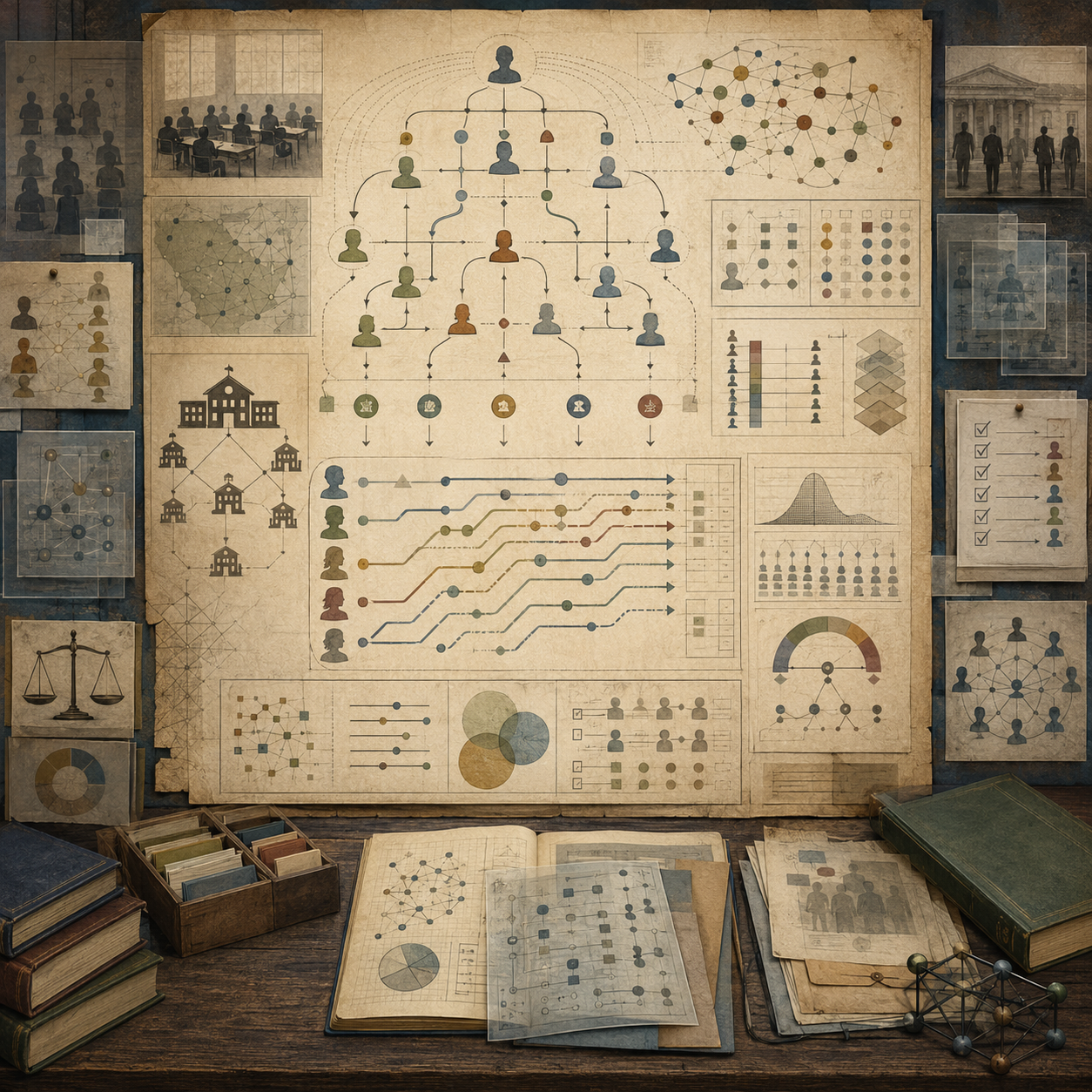 A restrained scholarly illustration of an education research workspace with learner pathways, classroom panels, institutional networks, assessment flows, population groups, notebooks, archival papers, and analytical tools representing algorithms in education and learning systems.