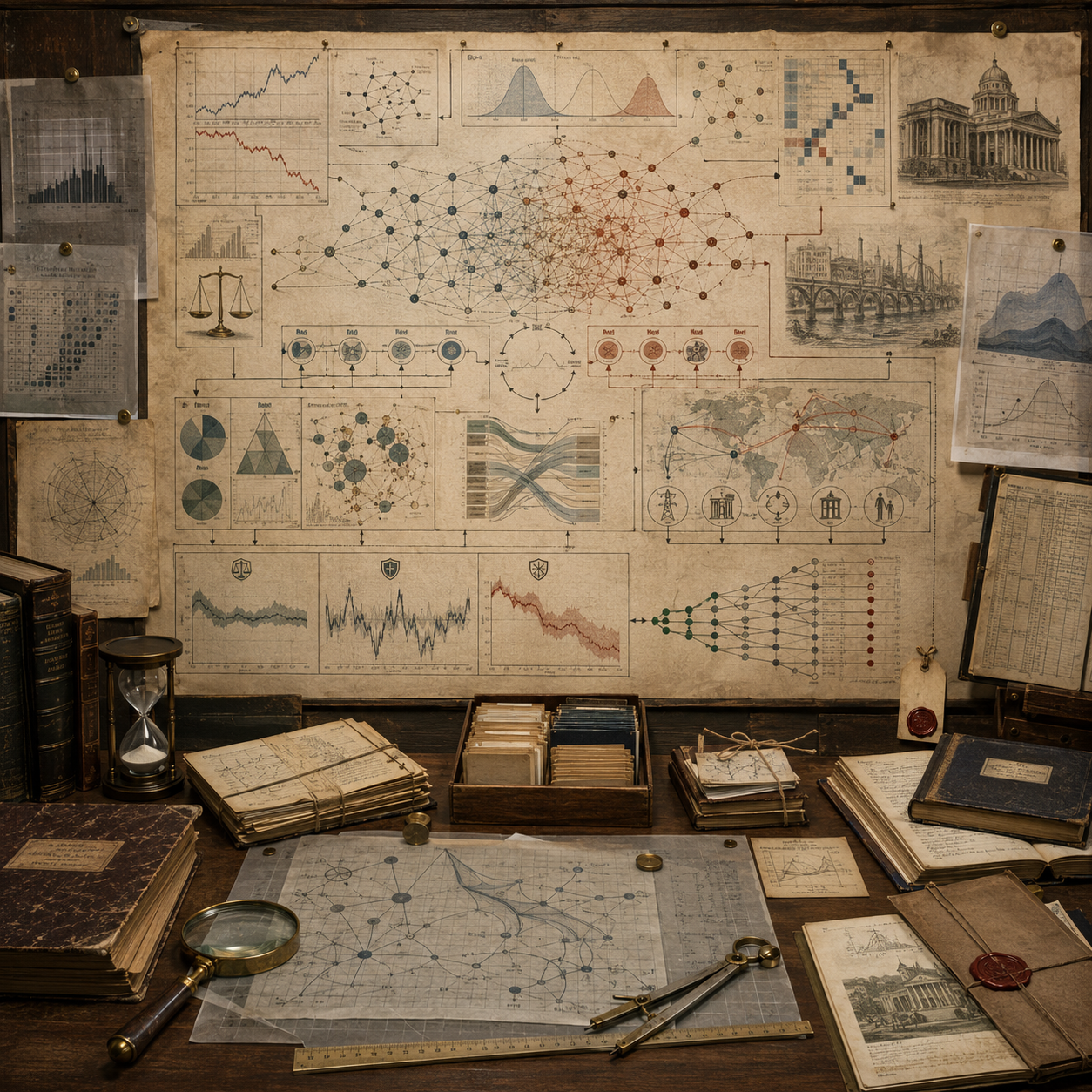 A restrained scholarly illustration of a vintage analytical workspace with market charts, network diagrams, risk distributions, institutional symbols, global financial flows, archival papers, notebooks, and analytical tools representing algorithms in finance, markets, and risk.