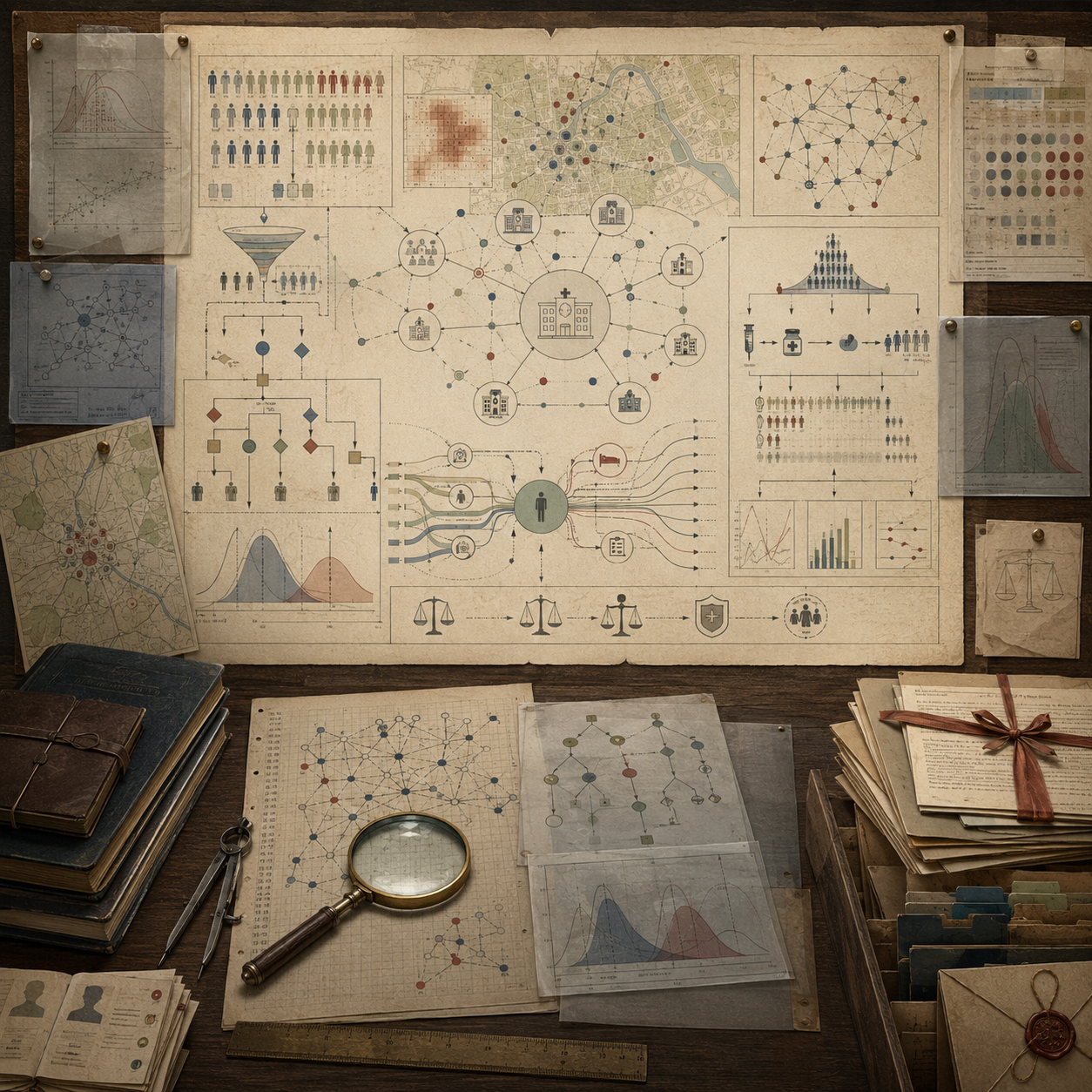 A restrained scholarly illustration of a vintage health-policy research workspace with hospital networks, population panels, epidemiological maps, risk distributions, care pathways, archival folders, notebooks, and analytical tools representing algorithms in health care and public health.
