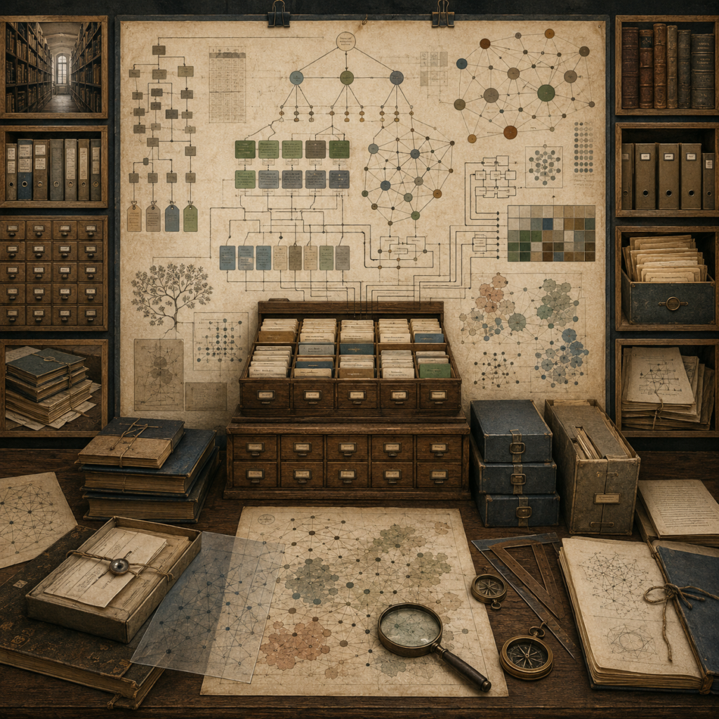 A restrained scholarly illustration of a vintage knowledge-architecture workspace with card catalogs, archival records, hierarchical maps, semantic networks, linked folders, notebooks, rulers, and analytical tools representing algorithms in knowledge architecture.