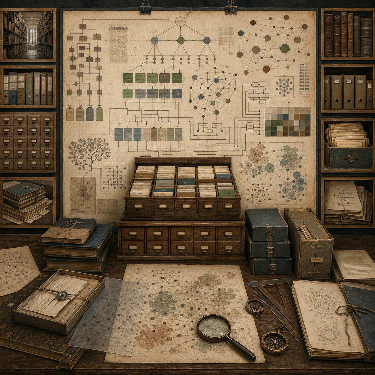 A restrained scholarly illustration of a vintage knowledge-architecture workspace with card catalogs, archival records, hierarchical maps, semantic networks, linked folders, notebooks, rulers, and analytical tools representing algorithms in knowledge architecture.