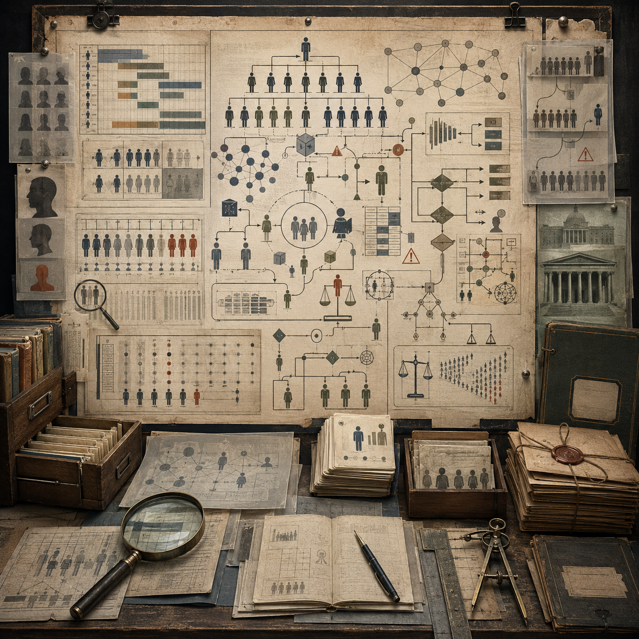 A restrained scholarly illustration of a vintage organizational research workspace with staffing grids, workflow diagrams, reporting lines, worker silhouettes, scheduling systems, oversight checkpoints, balance scales, archival folders, notebooks, and analytical tools representing algorithms in labor, management, and organizational systems.
