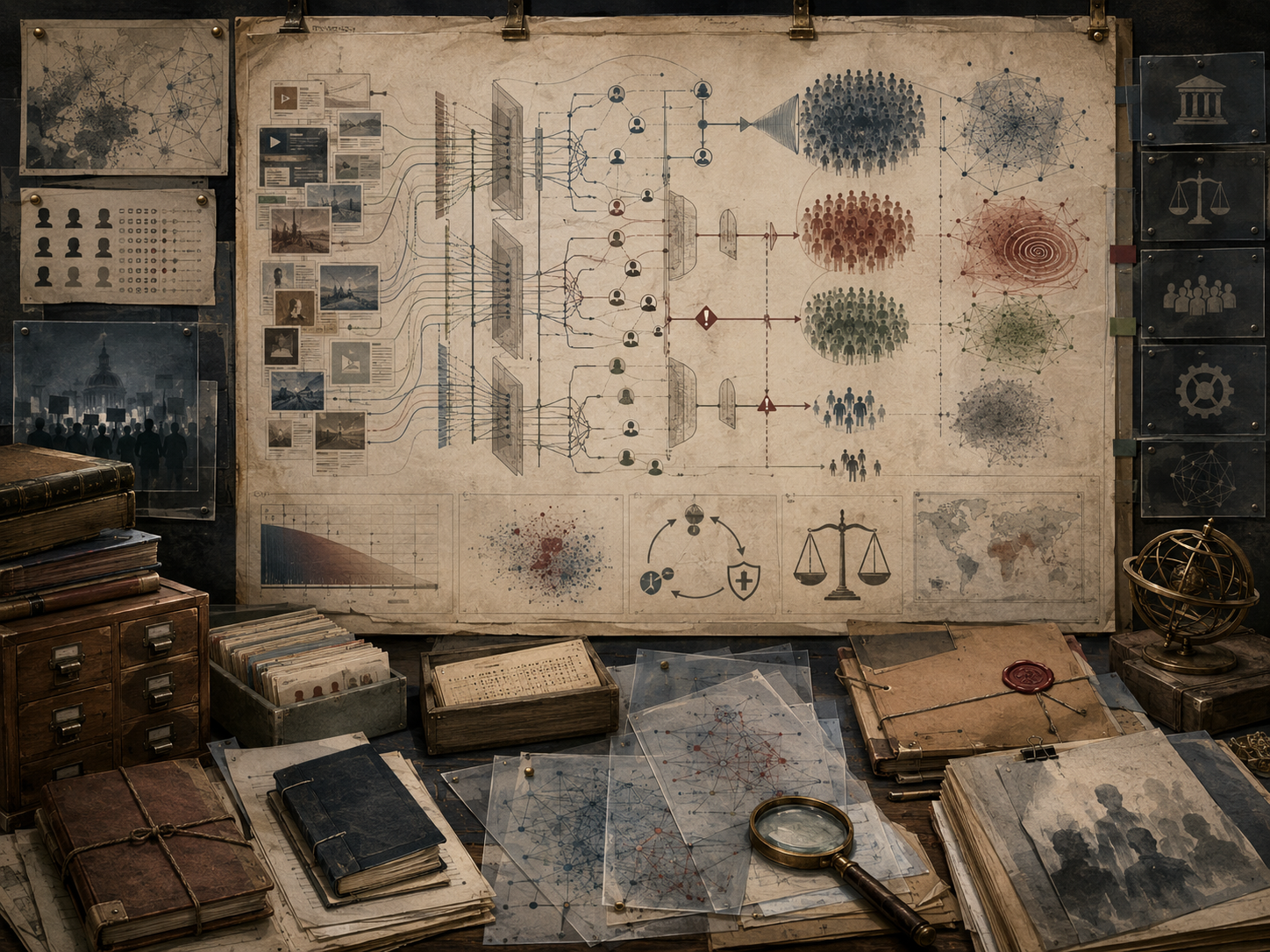 A restrained scholarly illustration of a media research workspace with content cards, ranking layers, recommendation pathways, audience clusters, feedback loops, balance scales, archival folders, notebooks, and analytical tools representing algorithms in media platforms and attention systems.